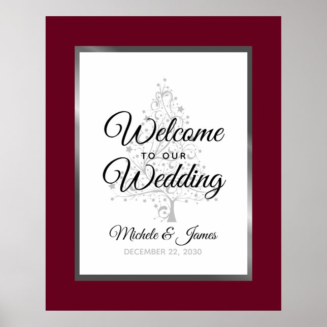 Burgund Silver Winter Holiday Wedding Willkommen Poster (Vorne)