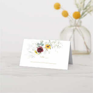 Burgund Sonnenblumen Tischnummer Airy Greenery Platzkarte