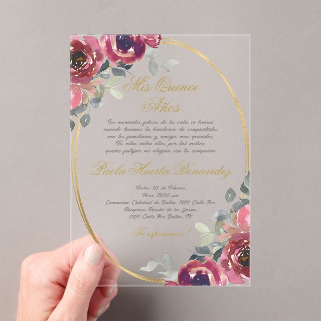 Burgund Spanisch Quinceanera Acryleinladungen (Insitu (Handheld))