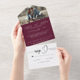 Burgund Stylish Modern Wedding Foto Custom UAWG All In One Einladung
