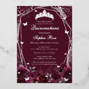 Burgund Tiara Silber Quinceanera Folieneinladung