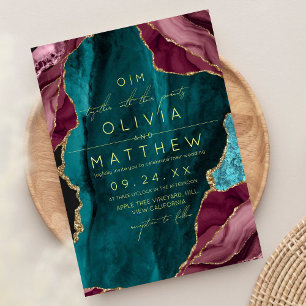 Burgund, Türkis & Goldgräber Hochzeitsfest Foto Einladung