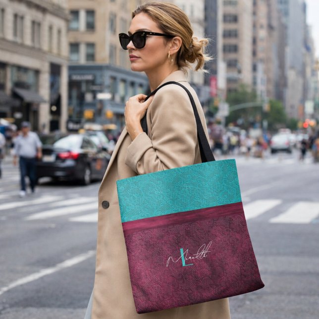 Burgund & Türkis Spitze Mode Personalizable (the burgundy & turquoise bag in situ. AI generated picture, not the real product.)
