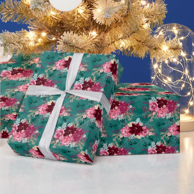 Burgund und Aquamarine Weihnachten Poinsettia Wass Geschenkpapier (Feiertage)