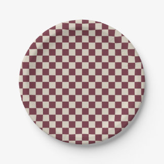 Burgund und Beige Schachbrettmuster Pappteller