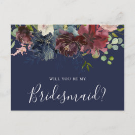 Burgund und blaue Flora werden Sie meine Brautjung Einladungspostkarte