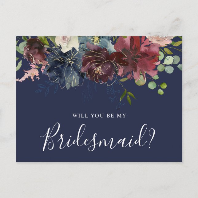 Burgund und blaue Flora werden Sie meine Brautjung Einladungspostkarte (Vorderseite)