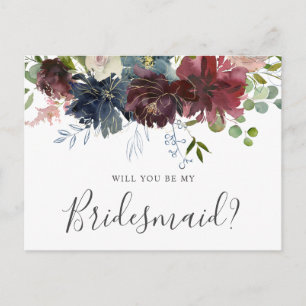 Burgund und blaue Flora werden Sie meine Brautjung Einladungspostkarte