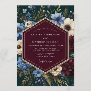 Burgund- und Blaue Florale Vintage-Hochzeit Einladung