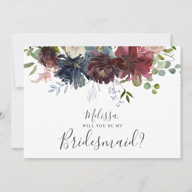 Burgund und Blauer Floral werden Sie meine Bridesm Einladung (Vorderseite)
