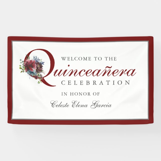 Burgund und Blauer Party Quinceanera Banner (Horizontal)