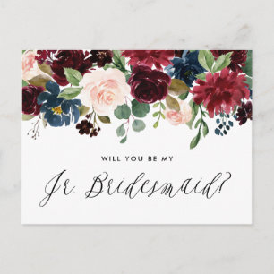 Burgund und Blue Floral Garland Junior Bridesmaid Einladungspostkarte