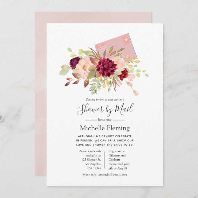 Burgund und Blush Baby oder Brautparty per Mail Einladung (Vorne/Hinten)