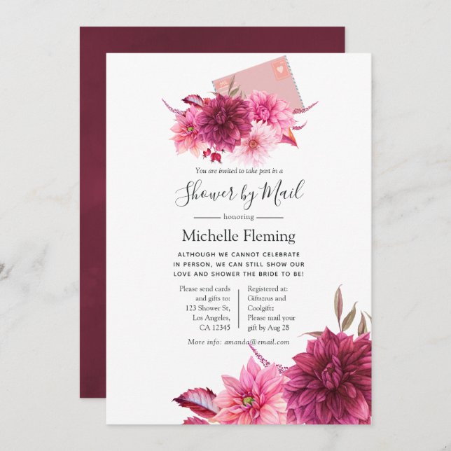 Burgund und Blush Baby oder Brautparty per Mail Einladung (Vorne/Hinten)