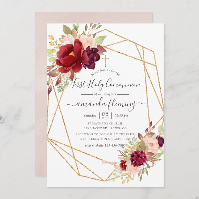 Burgund und Blush Boho Geometric Heilige Kommunion Einladung (Vorne/Hinten)