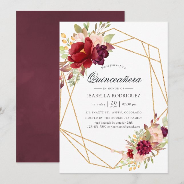 Burgund und Blush Boho Geometric Quinceañera Einladung (Vorne/Hinten)