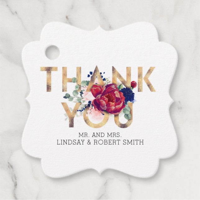 Burgund und Blush Pink Floral Vielen Dank Geschenkanhänger (Vorderseite)