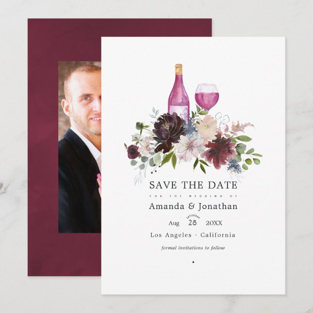 Burgund und Blush Pink Weinprobe Hochzeit Save The Date (Vorne/Hinten)