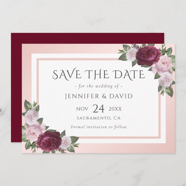 Burgund und Blush Wedding speichern das Datum Save The Date (Vorne/Hinten)