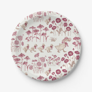 Burgund und Braun, Vintage Wildblumen und Enten Pappteller