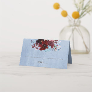 Burgund und Dusty Blue Floral Wasserfarbe Platzkarte