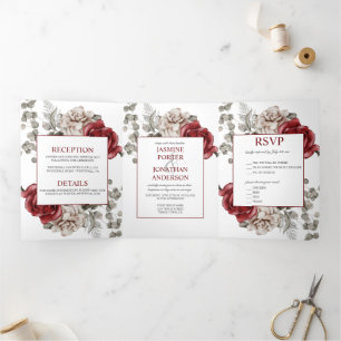 Burgund und Elfenbeinküste Rose Hochzeit   Dreifach Gefaltete Einladung