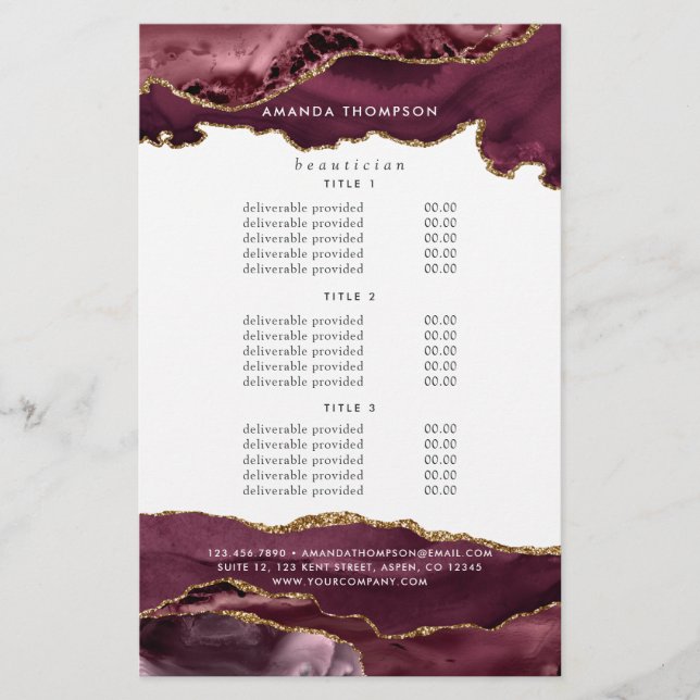 Burgund und Gold Agate Wertvoll Stone Pricing Flyer (Vorne)