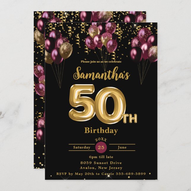 Burgund und Gold Balloons Confetti 50. Geburtstag Einladung (Vorne/Hinten)