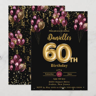 Burgund und Gold Balloons Confetti 60. Geburtstag Einladung
