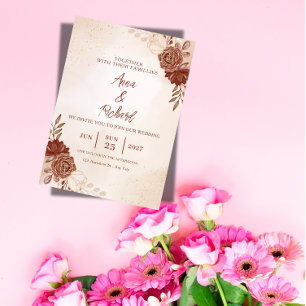 Burgund- und Gold-Blumen-Hochzeitseinladung Einladung