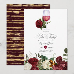 Burgund und Gold Blumen Wein Junggesellinnenabschi Einladung