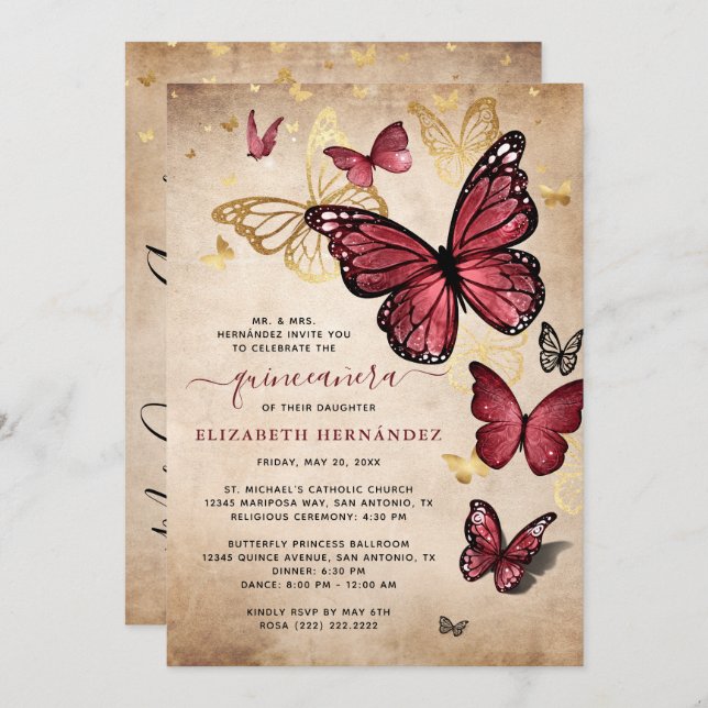 Burgund und Gold Butterfly Quinceanera Geburtstag Einladung (Vorne/Hinten)