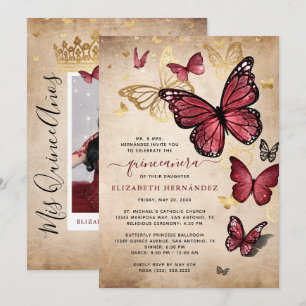 Burgund und Gold Butterfly Quinceanera Geburtstag Einladung