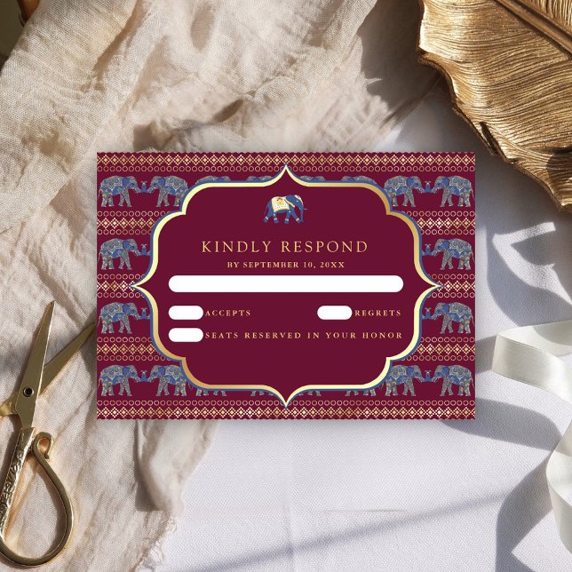 Burgund und Gold Elefanten Indianerhochzeit RSVP Karte (Von Creator hochgeladen)