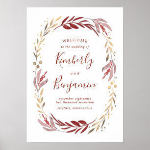 Burgund und Gold Elegante Hochzeit Begrüßungszeich Poster