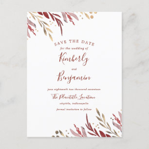 Burgund und Gold Elegante Zweigstellen Save the Da Ankündigungspostkarte