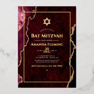 Burgund und Gold Faux-Achat Bat Mitzwa Folieneinladung
