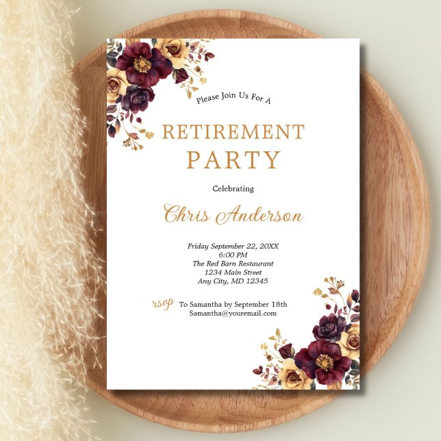 Burgund und Gold Floral Elegantes Party zur Ruhest Einladung (Burgundy Gold Watercolor Florals Retirement Party invitation for her. Printed or Digital)