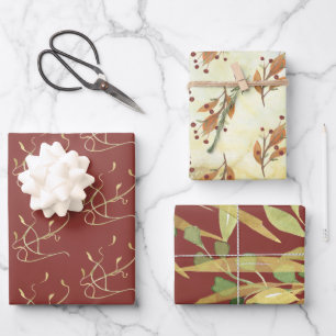 Burgund und Gold Foliage Wasserfarbe Geschenkpapier Set