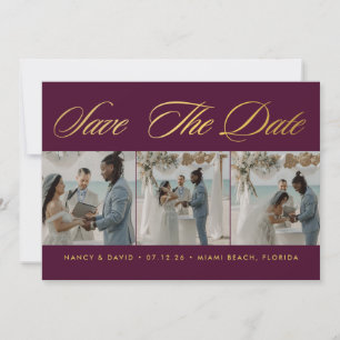Burgund und Gold Foto Collage Strandhochzeit Save The Date