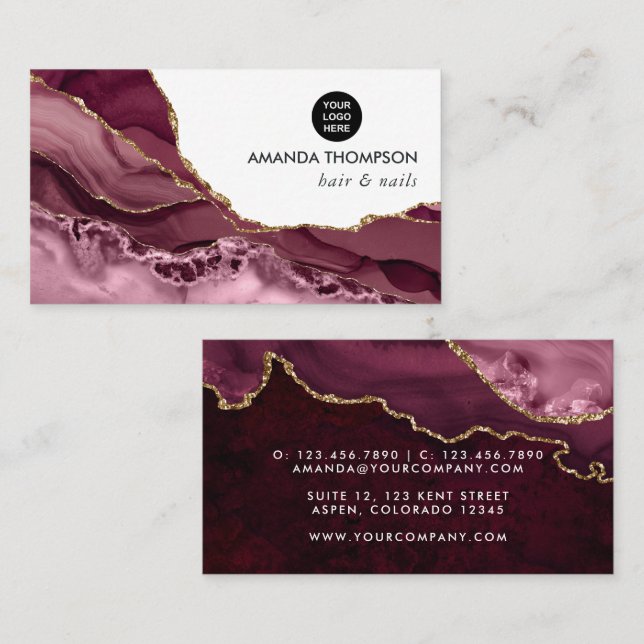 Burgund und Gold Geode Agate Stone Business Card Visitenkarte (Vorne/Hinten)