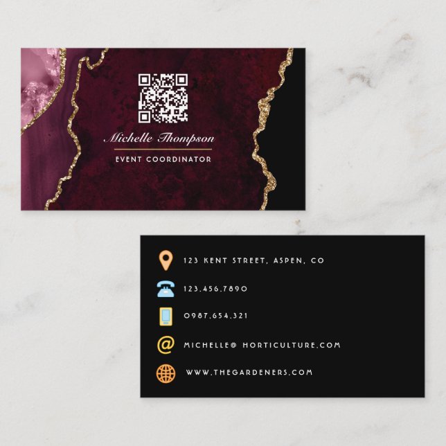 Burgund und Gold Geode Agate Stone QR Code Busine Visitenkarte (Vorne/Hinten)