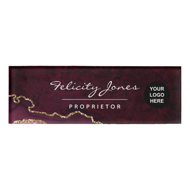 Burgund und Gold Geode Agate Wertvoll Stone Name Namenschild (Vorderseite)