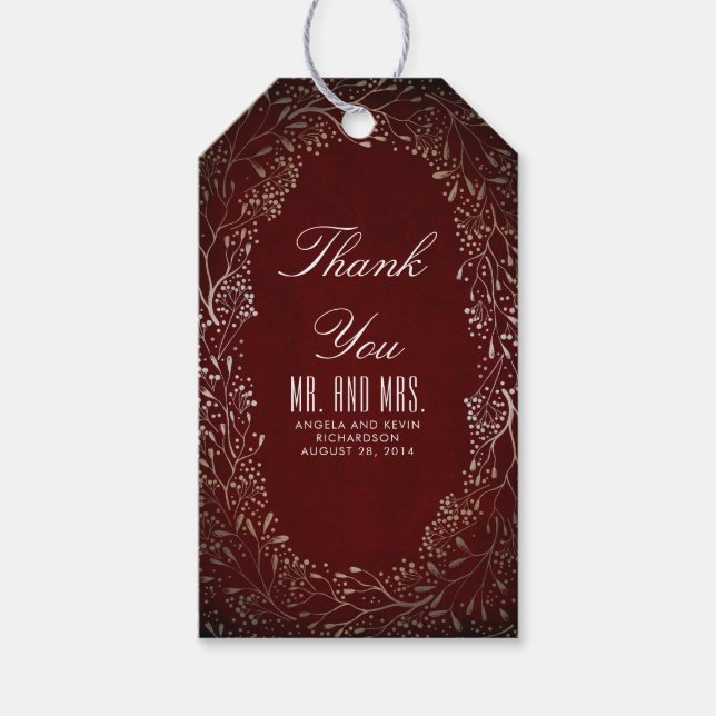 Burgund und Gold Gipskraut Hochzeit Geschenkanhänger (Vorderseite)