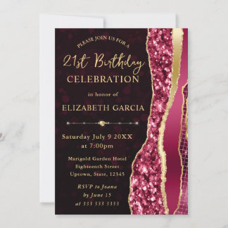 Burgund und Gold Glam Tears Bokeh 21. Geburtstag Einladung