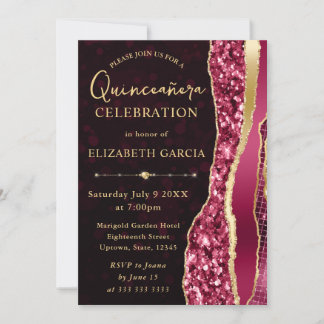 Burgund und Gold Glam Tears Bokeh Quinceanera Einladung