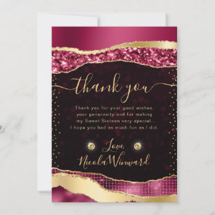 Burgund und Gold Glam Tränen Bokeh Sweet Sixteen Dankeskarte