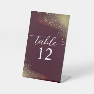 Burgund und Gold Glitter Hochzeitstisch Nummer Sockelschild