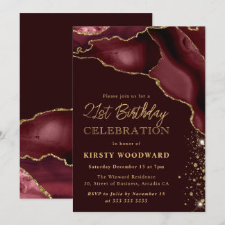 Burgund und Gold Glitzer Agate 21. Geburtstag Einladung