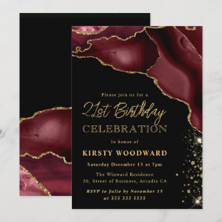 Burgund und Gold Glitzer Agate 21. Geburtstag Einladung